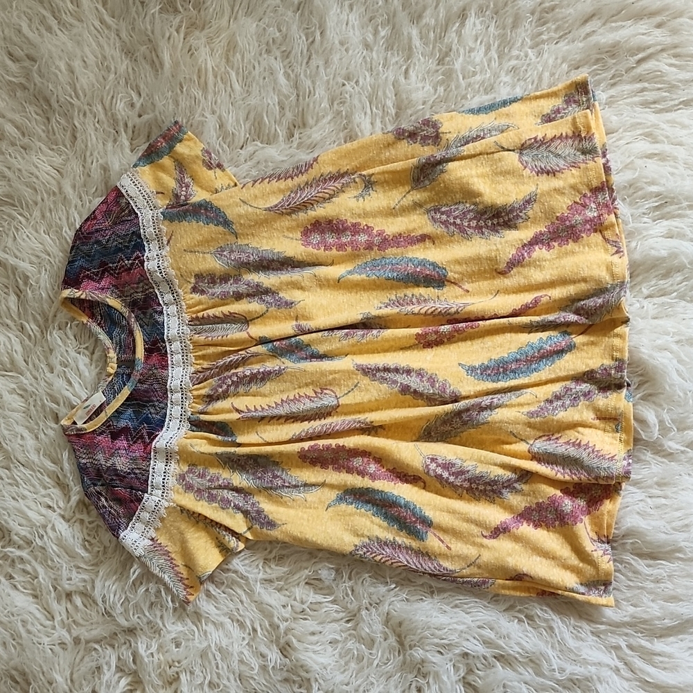NEW Hummingbird Aztec Knit and Feather Print Linen Blend Peasant Style Boho Top